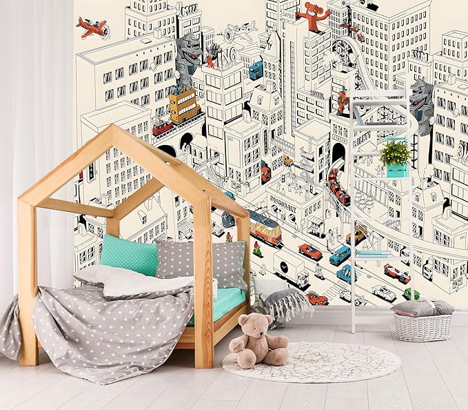 XMPMBM-Cartoon Comics City Nursery Room Fabric Wallpaper Kids Bedroom Hand-Painted Graffiti Wall Mural-W 88" X H 59"（36 Square Foot）