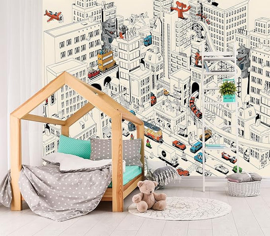 XMPMBM-Cartoon Comics City Nursery Room Fabric Wallpaper Kids Bedroom Hand-Painted Graffiti Wall Mural-W 88" X H 59"（36 Square Foot）