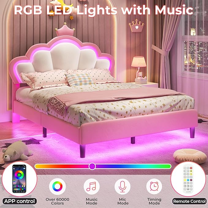 BTHFST Full Size Bed Frame with LED Lights, Girls Full Bed with Princess Crown, LED Velvet Upholstered Platform Bed Frame with Adjustable Headboard, No Box Spring Needed, Pink