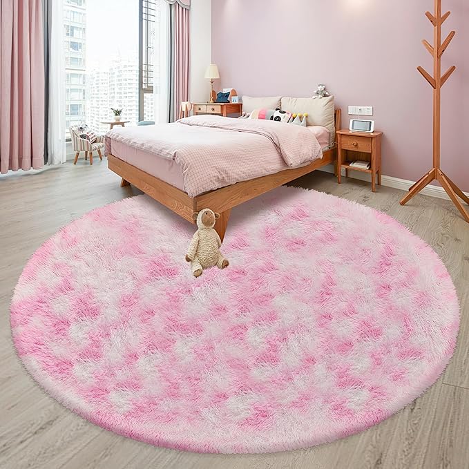 8 ft Large Fluffy Round Pink Area Rugs for Girls Bedroom, Colorful Soft Shaggy Circular Rug Plush Fluffy Circle Carpet Fuzzy for Nursery Baby Teen Room Playroom Cute Dorm Iving Room Home Decor