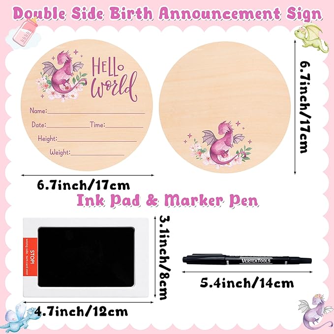 R HORSE Baby Birth Announcement Sign with Marker Pen, Pink Dragon Baby Name Sign with Ink Pad for Hand and Footprints, Wooden Hello World Newborn Announcement Nursery Decor Keepsake Gifts