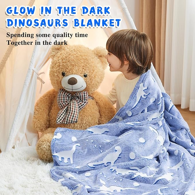 inhand Dinosaur Toys for Kids Glow in The Dark Dinosaur Blanket Christmas Birthday Valentine's Day Easter Party Decorations Favors,2 3 4 5 6 7 8 9 10 Year Old Boy Gifts Soft Blanket（50"X60" Blue Dino