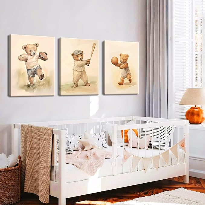 Bear Rugby Sports Nursery Canvas Wall Art Set of 3 - Cute Vintage Baby Bear Pictures Paintings Poster Prints, Nursery Animal Wall Decor for Children Bedroom Boy Room Decoration 16x24 inch Framed
