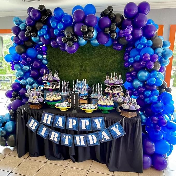 Black Blue and Purple Balloons, 12 Inch Metallic Blue Purple Black and Silver Confetti Balloons for Kids Boys Outer Space Astronaut Birthday Baby Shower Video Game Party Decorations