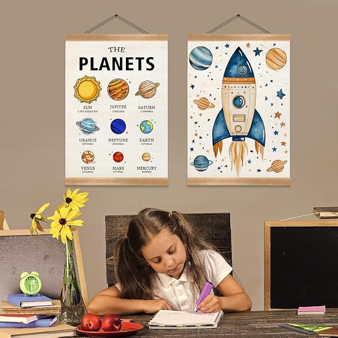 Solar System Poster Wall Art Set of 2, The Planets Wall Decor Wood Hanger, Space Classroom Decor, Outer Space Planets Poster for Boys and Girls Nursery, Bedroom, Playroom, Toddler and Kids Room(Solar system)
