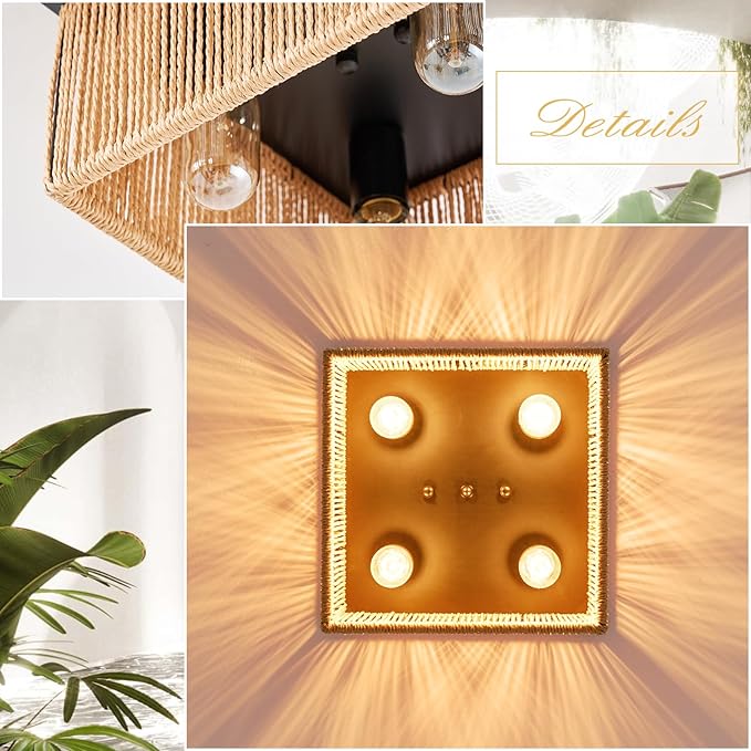Square 4-Light Rattan Ceiling Light Fixture,12.6"x 12.6" Hand Woven Boho Flush Mount Ceiling Light, Farmhouse Coastal Cage Close to Ceiling Light for Bedroom Nursery Hallway Kitchen Dining Room