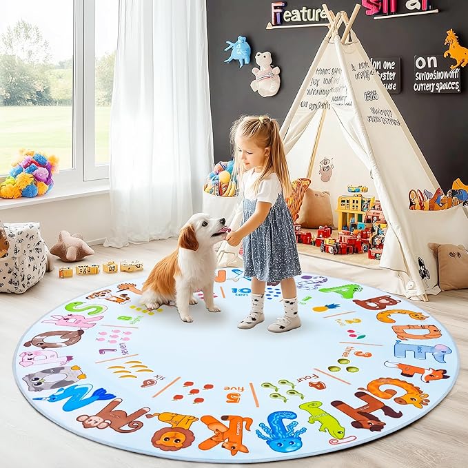 Kids Rugs for Playroom, 4'x4' Round Educational Rug for Learn the ABC Alphabet, Soft Machine Washable Non-Slip Cute Animal Carpet for Classroom Toddler Nursery Kids Room Decor Mat, Light Blue