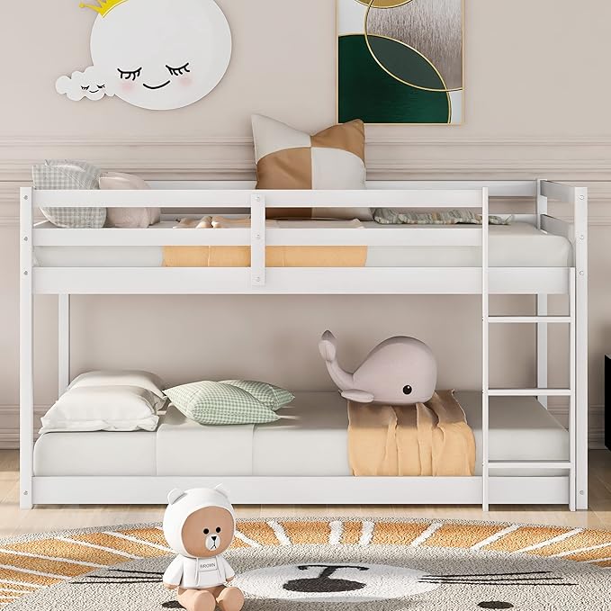 Merax Solid Wood Low Bunk Bed Frame for Kids/Toddlers/Junior, with Built-in Ladder, High Guardrail and Slats, Floor Bed Bottom Bunk, No Box Spring Needed, for Small Spaces, Twin-Over-Twin, White