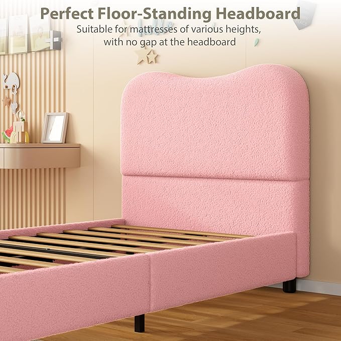 Senfot Pink Twin Kids Bed Frame with Upholstered Headboard, Low Profile Sturdy Platform Bed with Soft Boucle Fabric for Girls and Boys, Heavy Duty, Wooden Slats, Noise Free, No Box Spring Needed