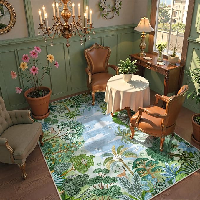 Lahome Summer Jungle Rug, Washable Rugs 5x7 for Bedroom, Green Forest Soft Carpet for Living Room, Summer Season Non Slip Non Shedding Dining Room Carpet for Under Table Classroom Entryway
