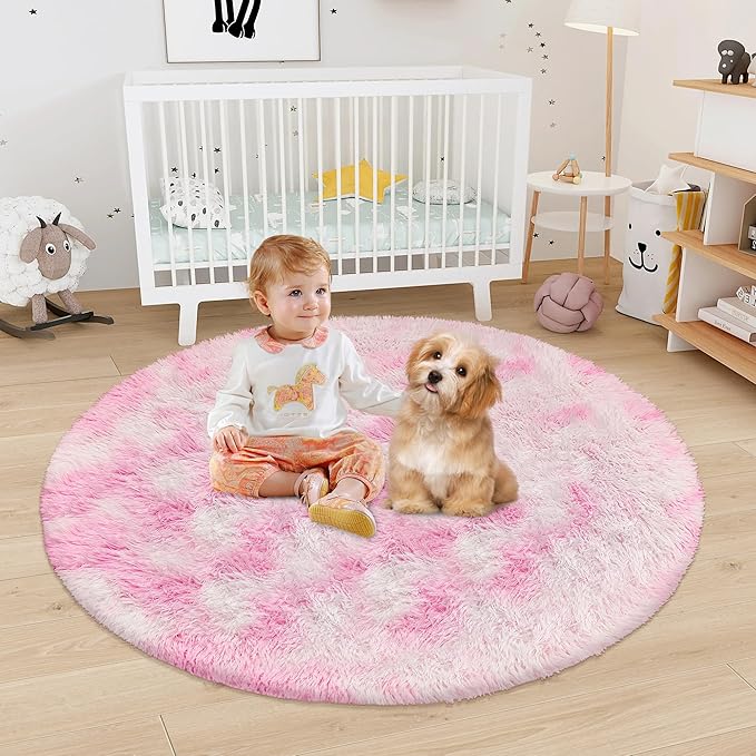 4x4 ft Pink Fluffy Round Rug for Girls Bedroom,Colorful Soft Shaggy Circular Area Rug Kids Cute Fuzzy Carpet Furry for LivingRoom Nursery Dorm Playroom Room Unicorn Decor Reading Nook Mat