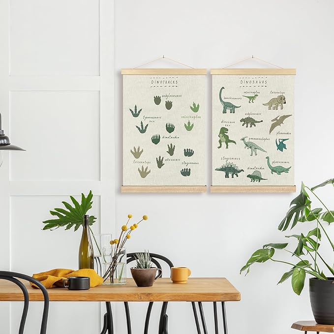 BCUANGD Dinosaur Dino Paws Wall Decor - Baby Toddler Boys Room Wall Art Poster Hanger with Wood Frames, Inspirational Hanging Canvas Decor for Kids Room Playroom Nursery Bedroom, 16x24 Inches