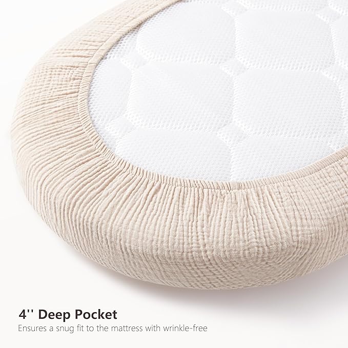 Bearmoss Bassinet Sheets - 2 Pack Muslin Cotton Bassinet Sheets Fits Oval and Rectangle Bassinet Mattress, Breathable and Skin-Friendly for Baby Boy and Girl (Pale Grey&Sand Beige)