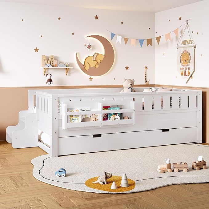 Bellemave Twin Bed with Trundle Twin and Stairs, Twin Size Platform Bed Frame with Fence and Bookshelf, Easy Assemble Beds for Kids, Girls, Boys, White