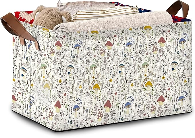 Retro Mushroom Storage Basket Large 17x11.5x10.5 Inche-Collapsible Fabric Organizer Bin with Handles for Cottagecore Decor, Nursery, Forest Theme-Decorative Hamper with Whimsical Fungi-Single Pack
