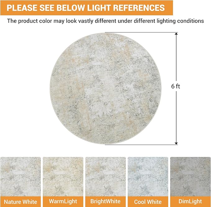 Round Rug 6ft Circle Rug Washable: Carpet Small Circular Area Rug for Entryway Kitchen Bedroom Dining Room Living Room 6 Feet Abstract College Dorm Non Slip Low Pile Beige Grey