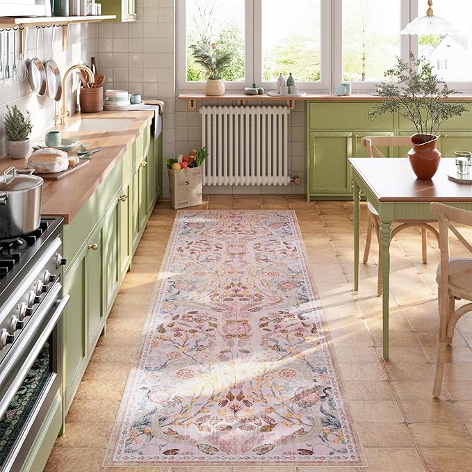AMTOVO 2x6 Runner Rug for Hallway, Washable Non-Slip Long Kitchen Carpet, Floral Vintage Distressed Floor Mat for Hallways Entryway Living Room Laundry Room Bathroom Farmhouse, Pink