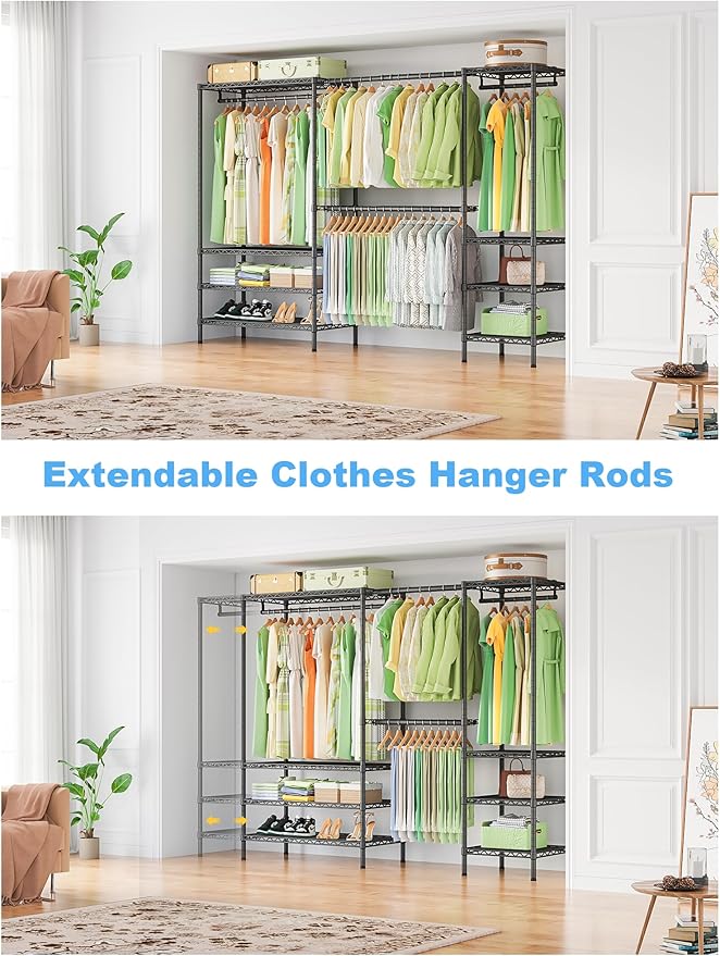 Ulif E11 Heavy-Duty Garment Rack, Metal Freestanding Clothes Rack and Closet Storage Organizer System with 8 Shelves and 4 Hanger Rods, (73.2 - 97.6)"W x 14.5"D x 71.2"H, Load 1034 LBS, Black