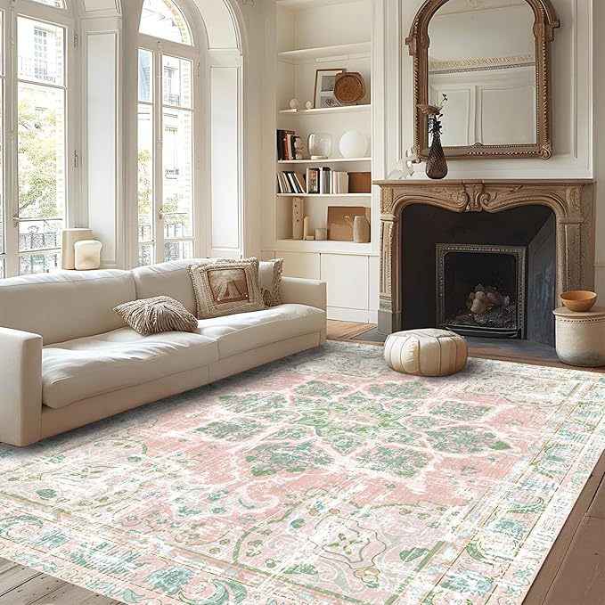 Vhong Boho Area Rugs Vintage Washable Neutral Modern Dusty Pink and Green 8x10 Non Slip Large Carpet for Nursery Living Room Dining Room Bedroom Farmhouse Girls Room