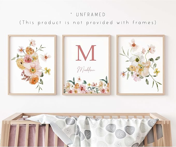 Personalized Name Flower Nursery Wall Art Prints, Crib & Nursery décor, Newborn Baby Girl Gift Present, Floral Baby Girl Room Pictures, Poster For Baby And Kids (3 Prints, Flower 8)