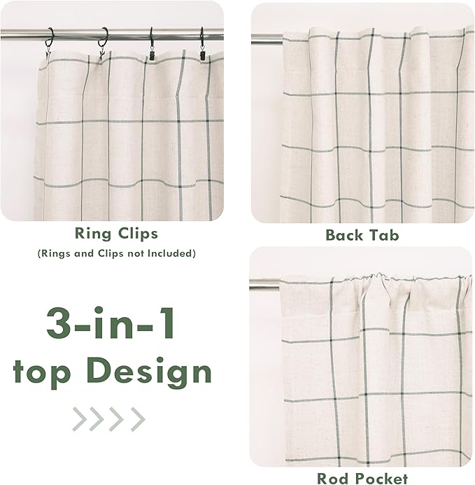 DriftAway 2 Panels 100% Blackout Windowpane Plaid Linen Curtains Double Layer Drapes for Bedroom 63 Inches Long Farmhouse Thermal Insulated 3.25 Inch Rod Pocket Back Tab for Living Room Loden Green