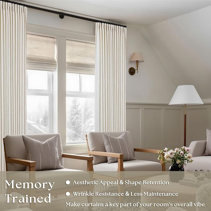 Extra Long Pinch Pleated 132 Inch Linen Curtains 2 Panels Set for High Ceiling Living Room Bedroom Memory Shaped Semi Sheer Pleat Drapes with Hooks Rings Light Filtering Natural Window Curtain 40x132