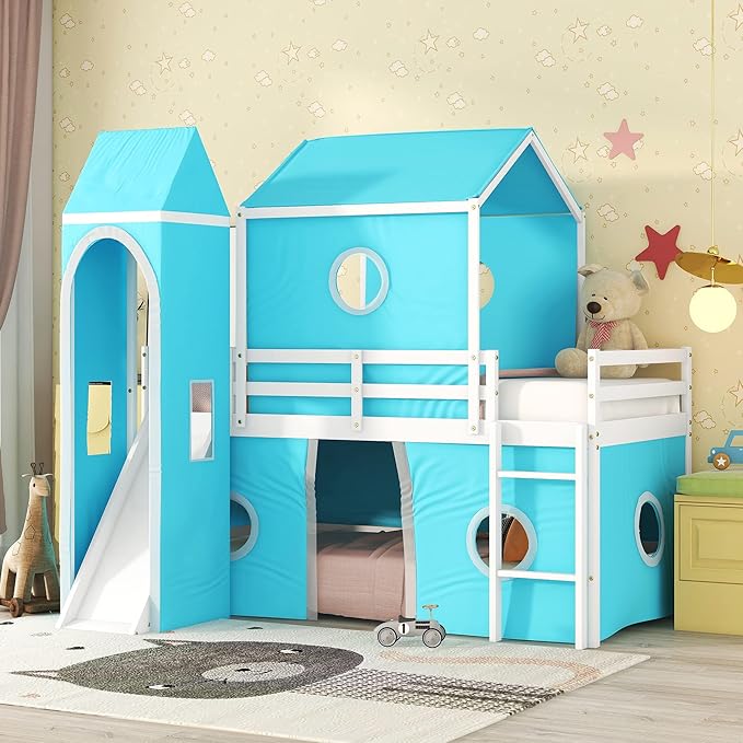 Playhouse Design Twin Size Low Loft Bed with Slide & Tent and Tower, Solid Wood Tent Bed Frame for Kids Boys Girls, Versatile Spacious Under Bed Space with Curtains(Blue-TW)