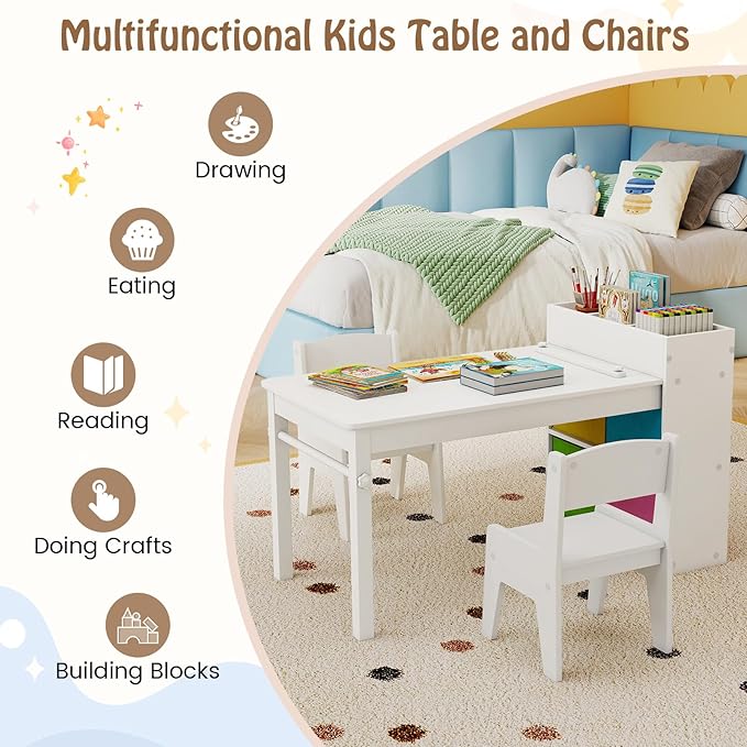 Costzon Kids Table and Chairs, 3 in 1 Wooden Art Drawing Desk Set w/ 4 Fabric Bins, Multiple Open Storage Compartments & a Paper Roll, Toddler Table and Chair Set for Children Playroom(White)