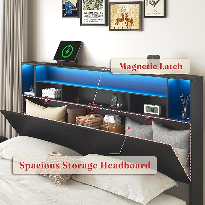 King Bed Frame with Headboard, LED Bed Frmaes with Bookcase Storage and Charging Station, Metal Platform Bed with 2 Storage Drawers, No Box Spring Needed, Black