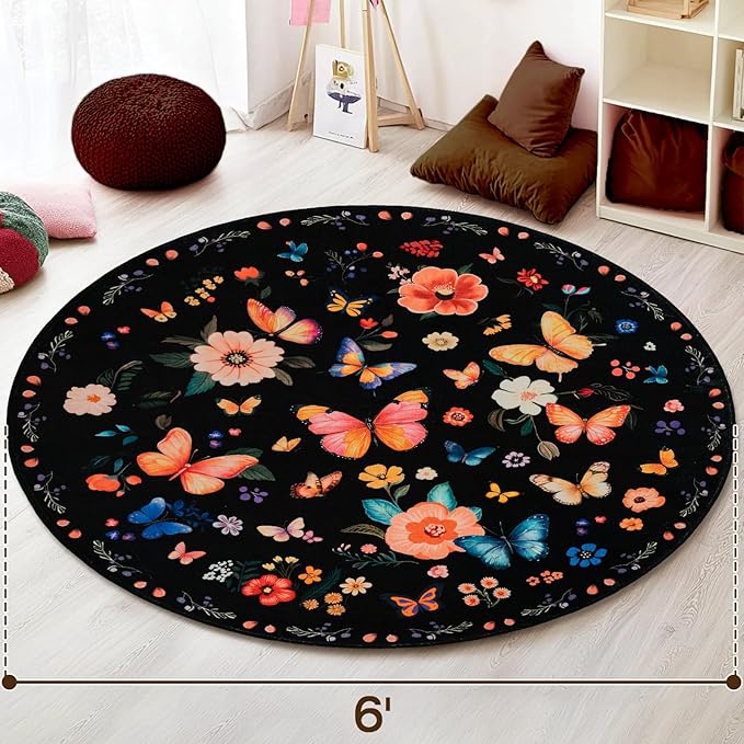 6' Machine Washable Round Area Rug, Non-Slip Vintage Floral Circle Floor Rugs for Kids, Low Pile Room Carpet for Living Room, Bedroom, Dining Room & Nursery(6' Black Floral)