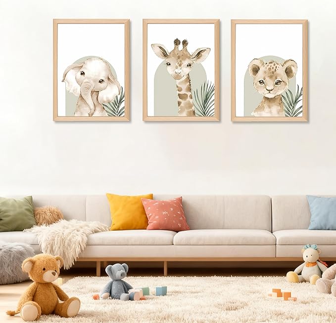 Framed Cute Animal Wall Art Nursery Decor Set of 3, Watercolor Elephant Giraffe Lion Canvas, Whimsical Wildlife Pictures Print, Nursery Wall Decor for Kids’ Bedroom Daycare – 16x12 inch