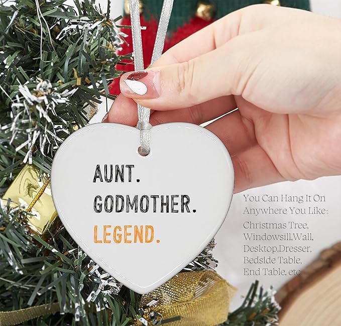 Heart Shaped Christmas Ornament-Aunt Godmother Legend Gift-Appreciation Keepsake for Mother’s Day Baptism Baby Shower Thank You Present-Ceramic Plaque Ornament