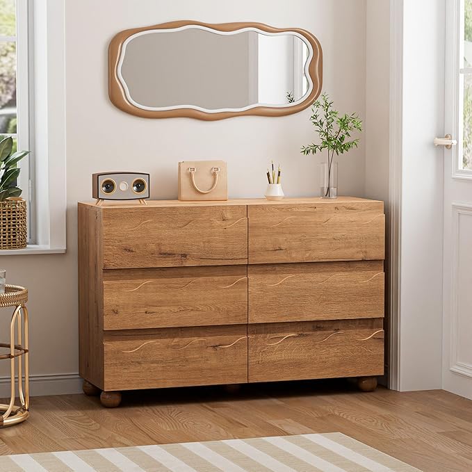 Scalloped Dresser for Bedroom with 6 Drawers, 47" Wide Modern Chest of Drawers with Hidden Handle, Fluted Wood Closet Clothes Storage Organizer, Wooden Dresser for Living Room, Hallway, Natural Oak