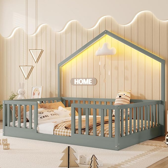 Full Size House Bed for Kids, Low Profile Full Montessori Bed with High Railings, Wood House Shape Montessori Beds with Light & Roof for Kids, Gray