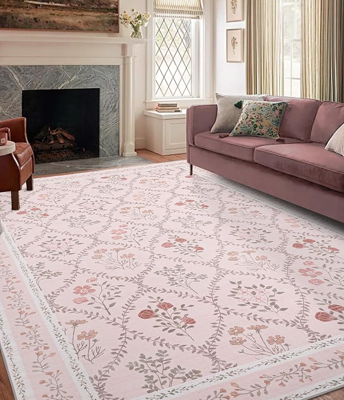YIHOUSE 6x9 Washable Rug for Bedroom, Pink Floral Rugs for Living Room Non Slip Ultra-Thin Large Boho Rug for Kids Playroom, Classroom, Girls Dorm, Nursery, Pink Multi