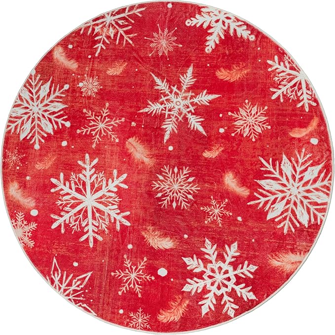 4' Machine Washable Christmas Round Area Rug, Non-Slip Vintage Floral Circle Floor Rugs for Kids, Low Pile Room Carpet for Living Room, Bedroom, Dining Room & Nursery(4' Snowflake)