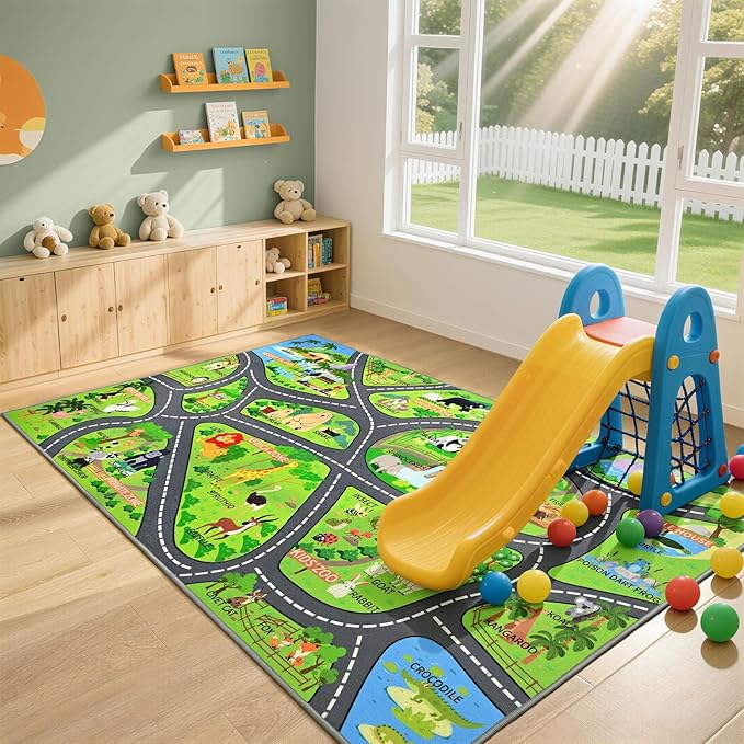 Zoo Adventure Kids Rug, Cute Animal Play Mat with Non-Slip Backing, Kids Carpet with Lions, Tigers & Giraffes for Educational and Fun Playtime, 60"x36"
