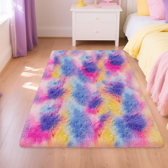 Rainbow Area Rugs 3x5 ft,Tie-Dyed Unicorn Fluffy Fuzzy Shaggy Carpet Soft Plush Furry Rug,for Bedroom Living Room Indoor Floor Rug Kids Girls Boys Home Decor Aesthetic, Dorm Nursery