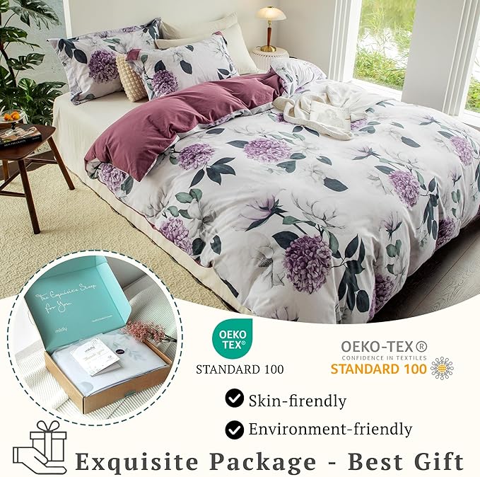 MILDLY 100% Washed Cotton Duvet Cover - Hydrangea Floral Comforter Cover Set Botanical Flower Pattern Bedding Set with Zipper Closure 4 Ties King Size