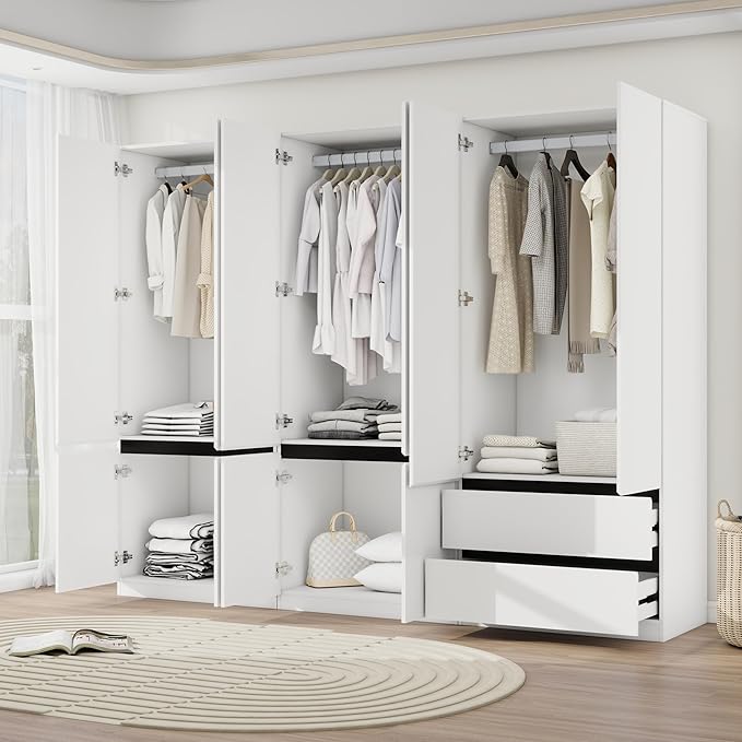 Armoire Wardrobe Closet with Drawers：75" Large White Wardrobe Closet Cabinet with 6 Doors for Hanging Clothes, Modern Wooden Bedroom Armoires with 2 Drawers and Storage(C+A+C, 94.5")