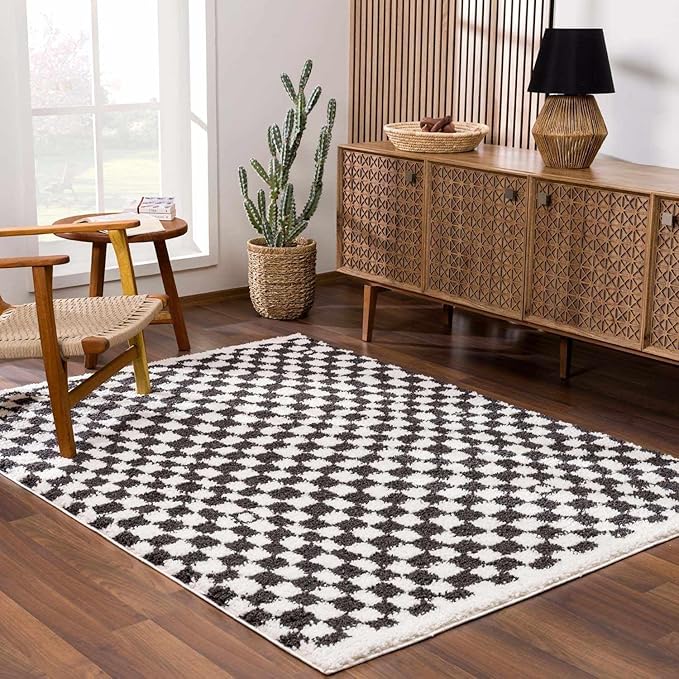 BoutiqueRugs Kieu Black and White Modern Checkered Shag Runner Rug - High Pile Fluffy Shag Carpet for Hallway, Nursery, Girls Boys Room - Black, White - 2'7" x 7'3" (2x8)