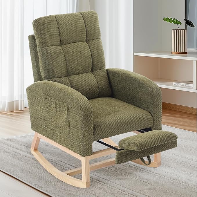 Nursery Rocking Chair, Polyester Upholstered Glider Chair with Footrest, Comfy Rocker Chair, Accent Chair with High Backrest, Glider Rocker, Armchair for Living Room (Green Linen)