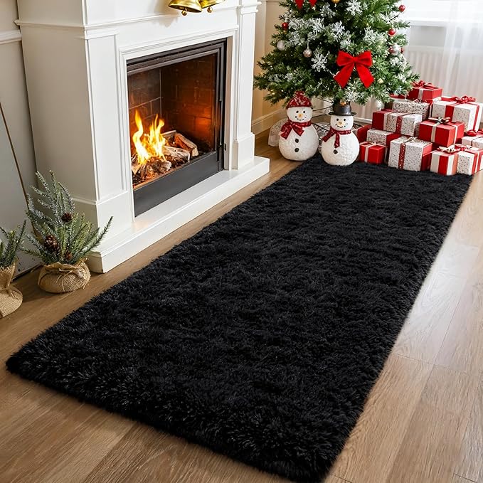 Merelax Black 2x8 Non-Slip Long Runner Rug for Hallways Entry, Soft Fluffy Area Rugs for Living Room, Shaggy Plush Furry Bedside Rug Indoor Floor Carpet Nursery Kids Room Dorm Holiday Decor