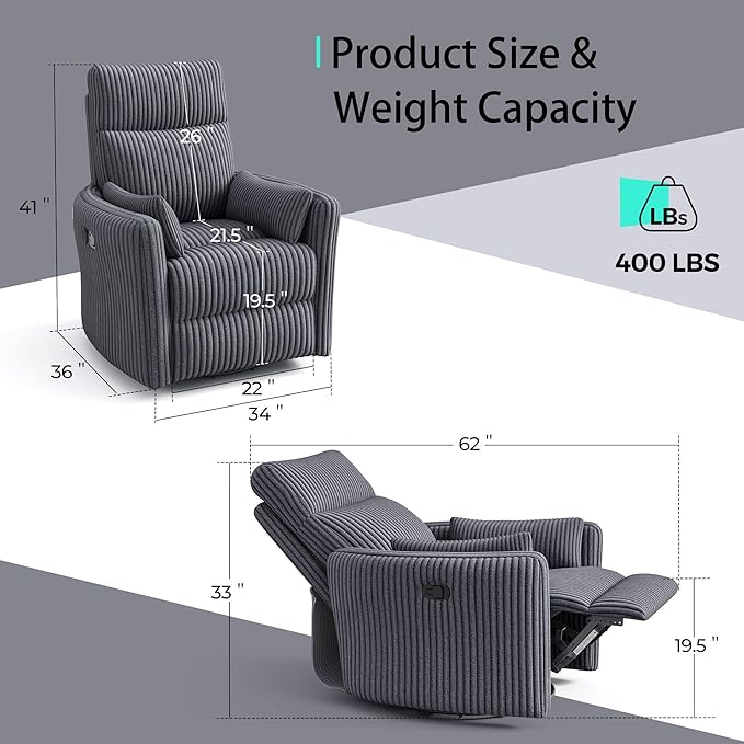 LINSY 360 Swivel Nursery Recliner - Corduroy Glider Rocking Chair with 2 Pillows, Comfy High Back Adult Recliner for Small Spaces, Nursery Bedroom Living Room Reclining Chairs, Gray