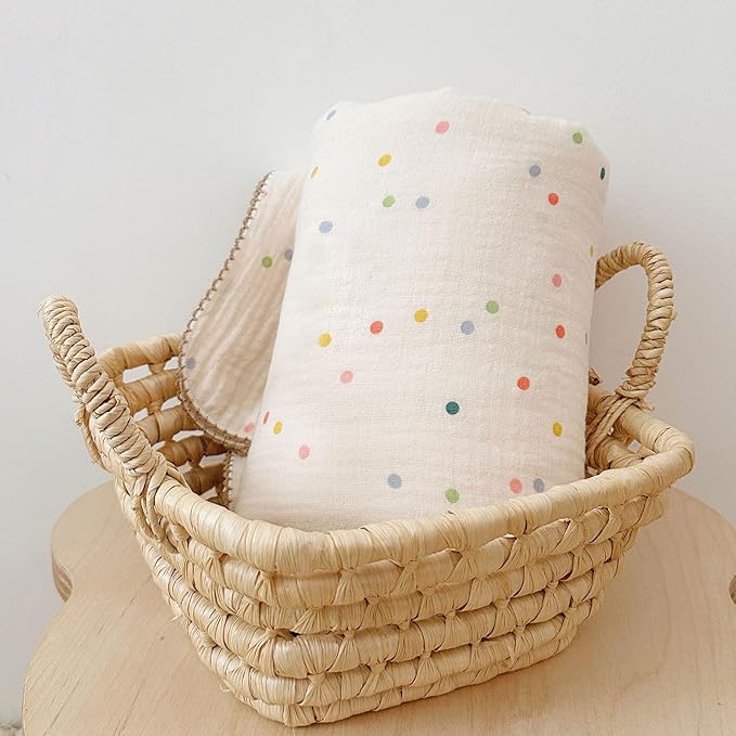 BuLuTu Muslin Blankets for Toddler Baby Boys Girls 100% Cotton Toddler Quilt Baby Blanket Reversible Nursery Crib Blanket, Soft Breathable, Colorful Dots Pattern, 47"x51"