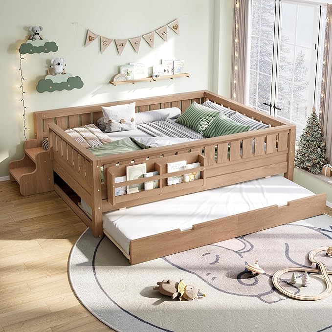Bellemave Full Bed with Trundle and Stairs, Full Size Platform Bed Frame with Fence and Bookshelf, Easy Assemble Beds for Kids, Girls, Boys, Natural