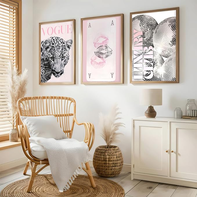 Retro Bar Cart Decor Aesthetic Girly Wall Art Modern Room Aesthetic Wall Art Funny Maximalist Leopard Print Set Of 3 Trendy Disco Ball Poster 12x16 Inch UnFramed for Living Room Bedroom Dorm Apartment
