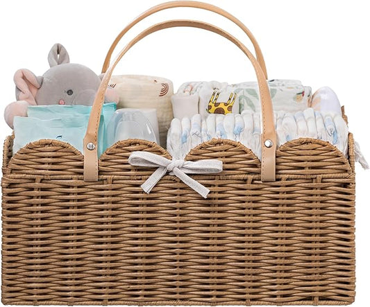 HBlife Baby Diaper Caddy Organizer, Washable Waterproof, Large Portable Scalloped Wicker Woven Basket with Divider, Nursery Diaper Station, Baby Shower Gifts Basket - Newborn Essentials, Car Organizer