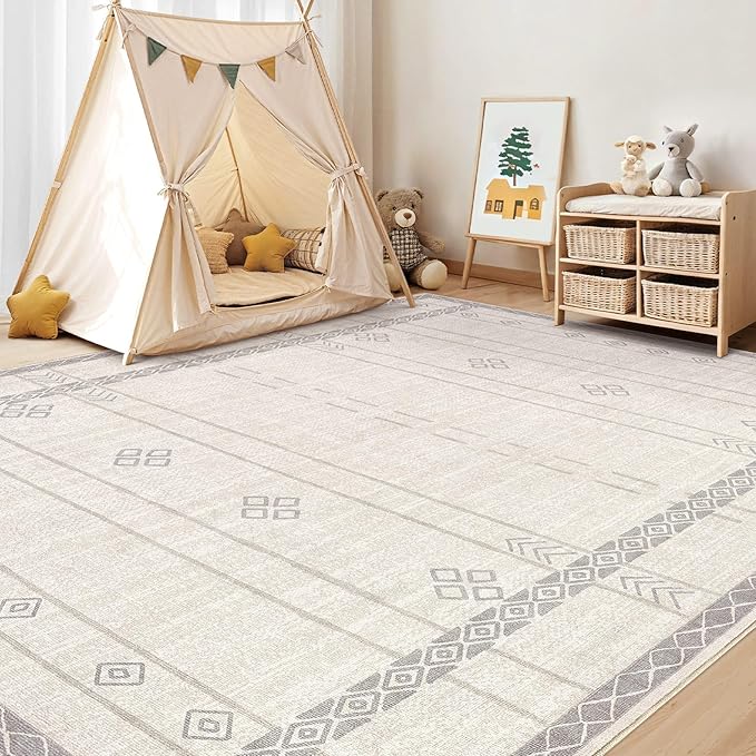 Area Rugs for Living Room Washable Living Room Rug Soft Neutral Indoor Floor Carpet Non-Slip Stain Resistant Modern Boho Rugs for Bedroom Dining Room Kids Room Nursery Office Home Beige Grey