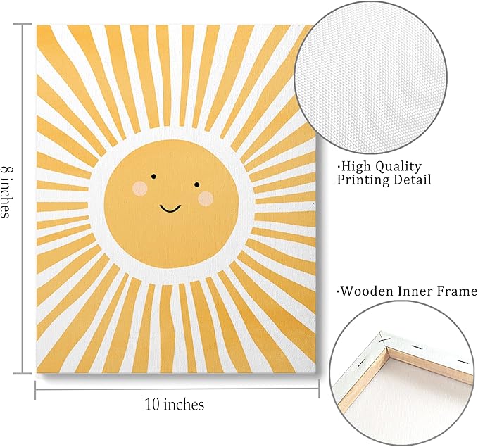 XWELLDAN Cute Cartoon Smiling Sun Cheerful Nursery Wall Art Canvas Prints,Watercolor Boho Neutral Sun Sunshine Wall Art Decor for Kids Baby Bedroom Nursery Playroom, 8x10 Inch, Framed
